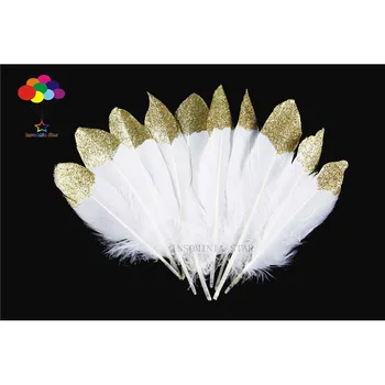 10buc 100% natural Vopsit pene de gâscă 15-25cm/6-10inch Frumos alb si Sclipici Auriu pentru Diy costum de carnaval masca frizură