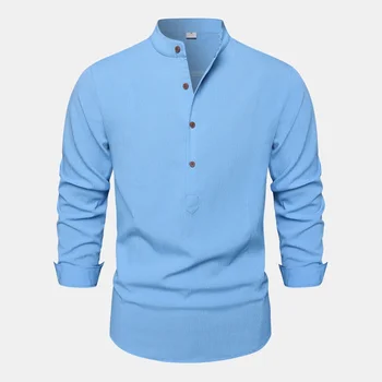 2023 Moda pentru Bărbați Tricou Solid în Picioare, Gât Casual cu Maneca Lunga Bumbac, Cânepă Moda pentru Bărbați Tricou