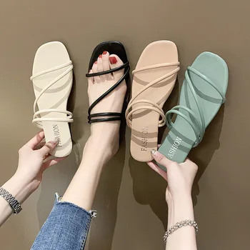 2023 Vara Noi cu Două purta Sandale de Moda pentru Femei Un Cuvânt cu Sandale Casual cu Fund Plat Exterior Purta Papuci