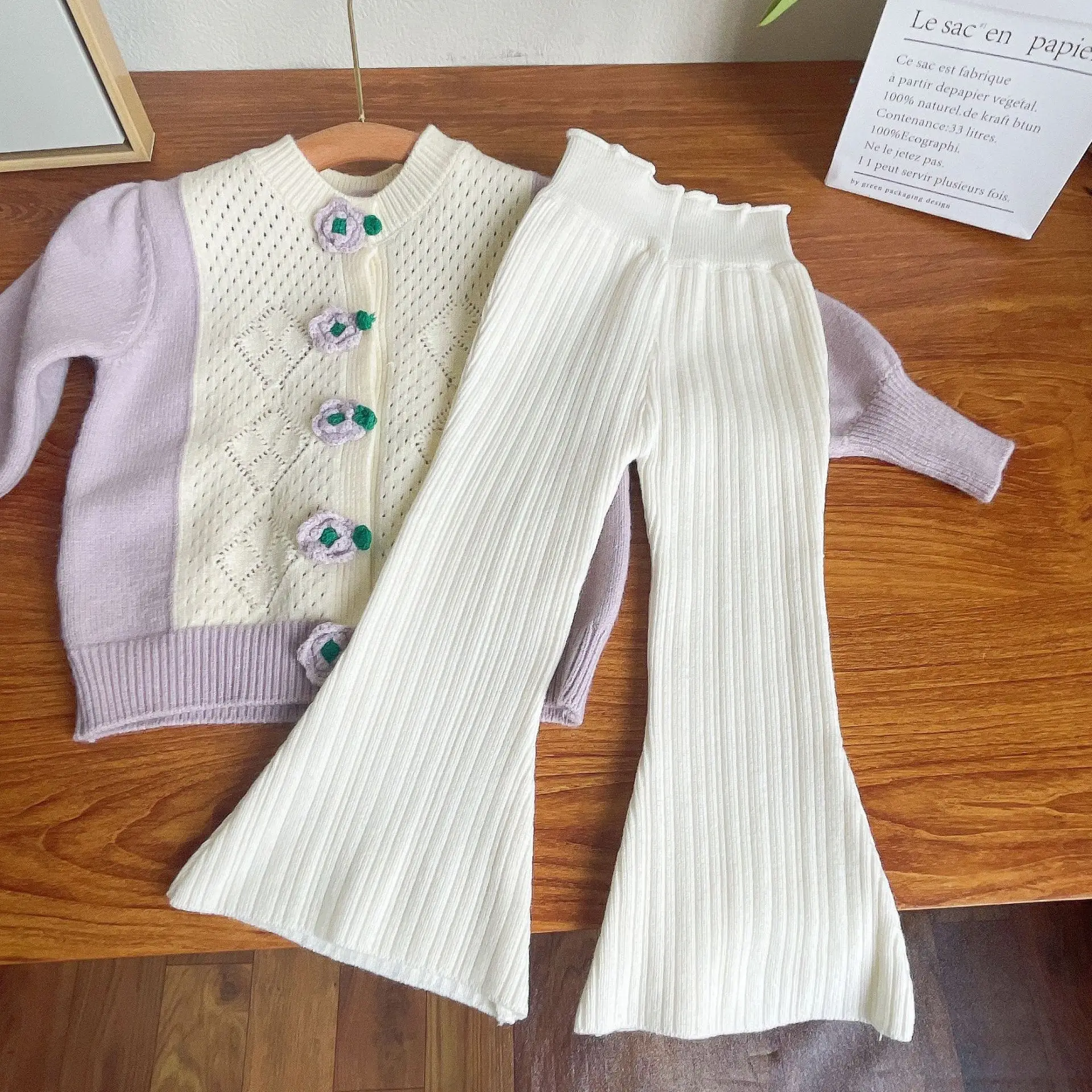 2023 Toamnă și de Primăvară Nouă Fete, Tricotate Set Drăguț de Flori Tubulare Cardigan+Tricotate Pantaloni Copii, Haine de Moda pentru Copii Tinuta - 2