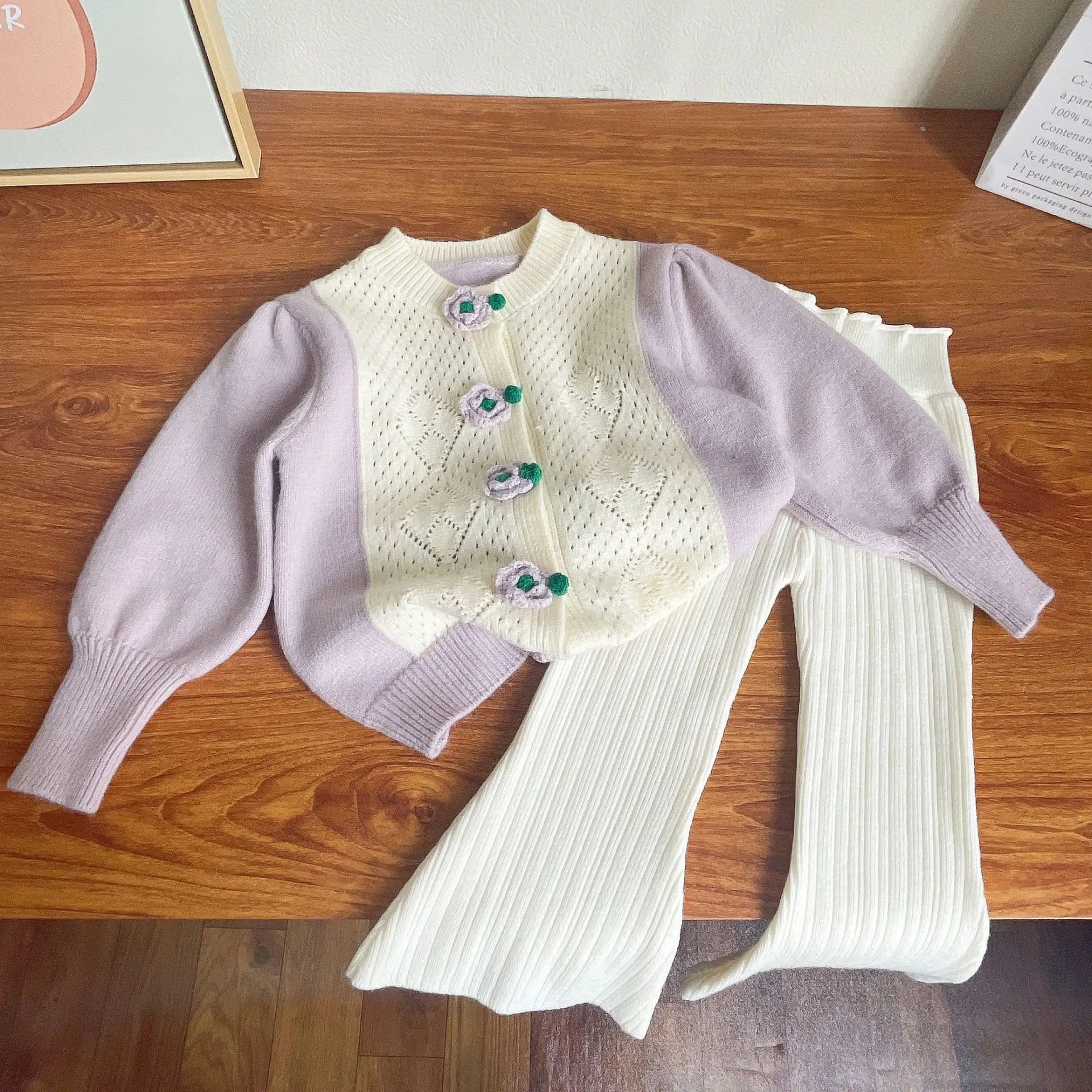 2023 Toamnă și de Primăvară Nouă Fete, Tricotate Set Drăguț de Flori Tubulare Cardigan+Tricotate Pantaloni Copii, Haine de Moda pentru Copii Tinuta - 3