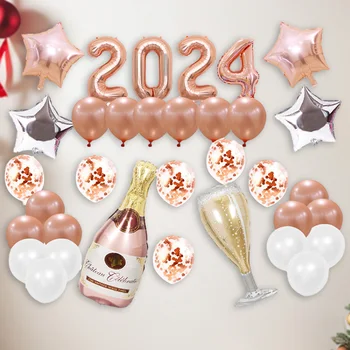 34PCS - Anul Nou 2024 Partid a Crescut de Aur De 18 Inch cu Cinci Stele a Subliniat Rotund Sticla de Vin din Folie de Aluminiu Sequin Balon Set