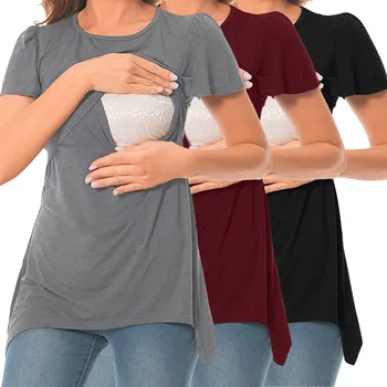 3Pcs Tricouri Seturi De Maternitate pentru Femei Maneci Scurte Hem Tee Cămașă Sarcinii Casual de Bază Îngrijit Bluza Alăptează Topuri Set