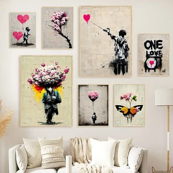 Banksy Fluture Abstract Peisaj Balon Peach Blossom Retro Arta De Perete Poster De Imprimare Cameră Decor Acasă Panza Pictura One Love
