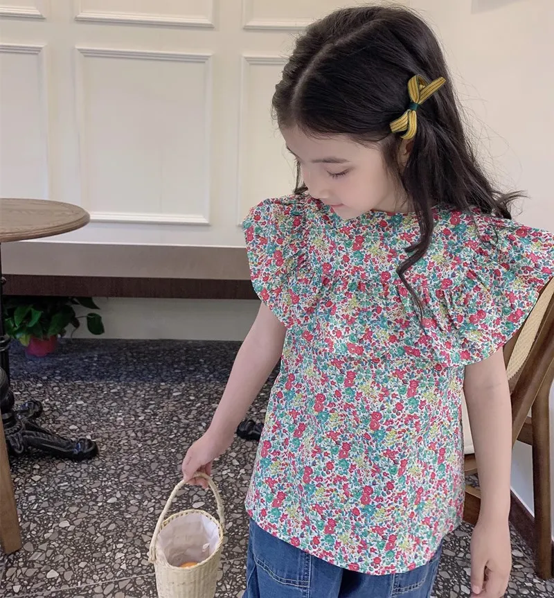 copilul fete topuri de vară pentru copii haine franceză pastorală stil plin de flori de bumbac imprimare t-shirt fete frumoase topuri - 3