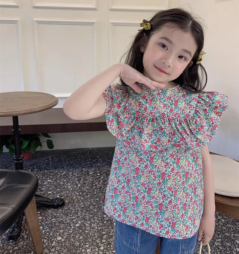 copilul fete topuri de vară pentru copii haine franceză pastorală stil plin de flori de bumbac imprimare t-shirt fete frumoase topuri - 4