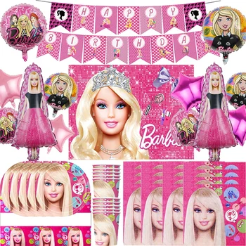 Disney Barbiee Petrecerea De Ziua Decor Roz Barbiee Printesa Baloane De Hârtie Tacamuri Farfurii Happy Birthday Banner Copil De Dus