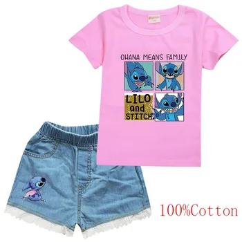 Disney Stitch T-shirt Copii T-shirt+Denim pantaloni Scurți Set Băieți și Fete T-shirt din Bumbac 100% de Vara pentru Copii cu Maneci Scurte Set