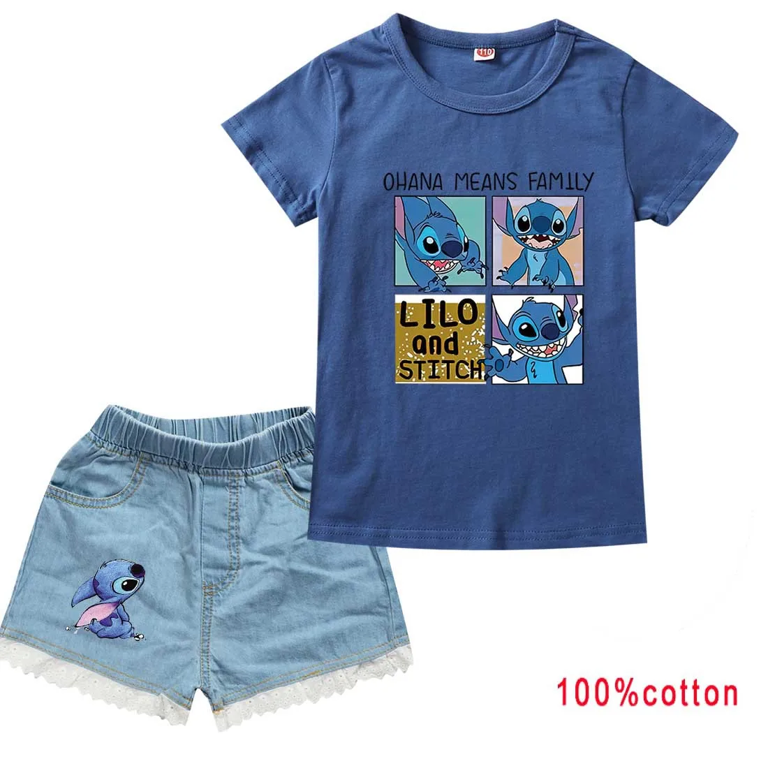 Disney Stitch T-shirt Copii T-shirt+Denim pantaloni Scurți Set Băieți și Fete T-shirt din Bumbac 100% de Vara pentru Copii cu Maneci Scurte Set - 1