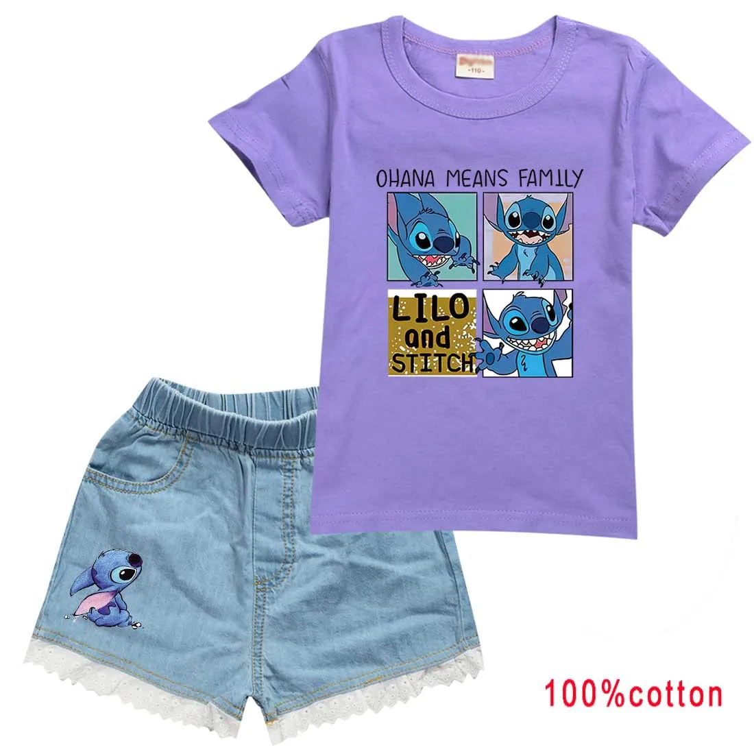 Disney Stitch T-shirt Copii T-shirt+Denim pantaloni Scurți Set Băieți și Fete T-shirt din Bumbac 100% de Vara pentru Copii cu Maneci Scurte Set - 2