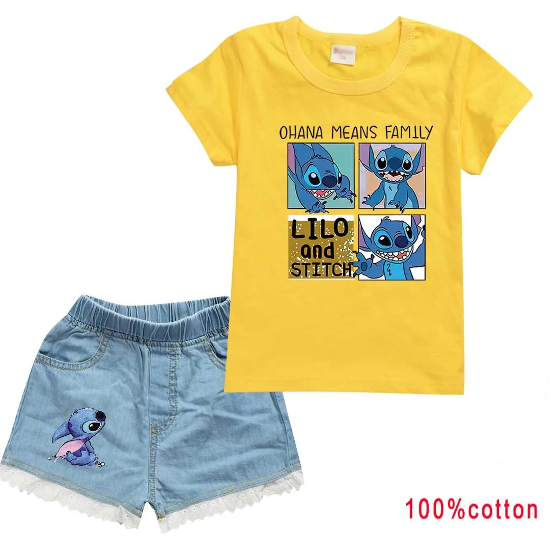 Disney Stitch T-shirt Copii T-shirt+Denim pantaloni Scurți Set Băieți și Fete T-shirt din Bumbac 100% de Vara pentru Copii cu Maneci Scurte Set - 3