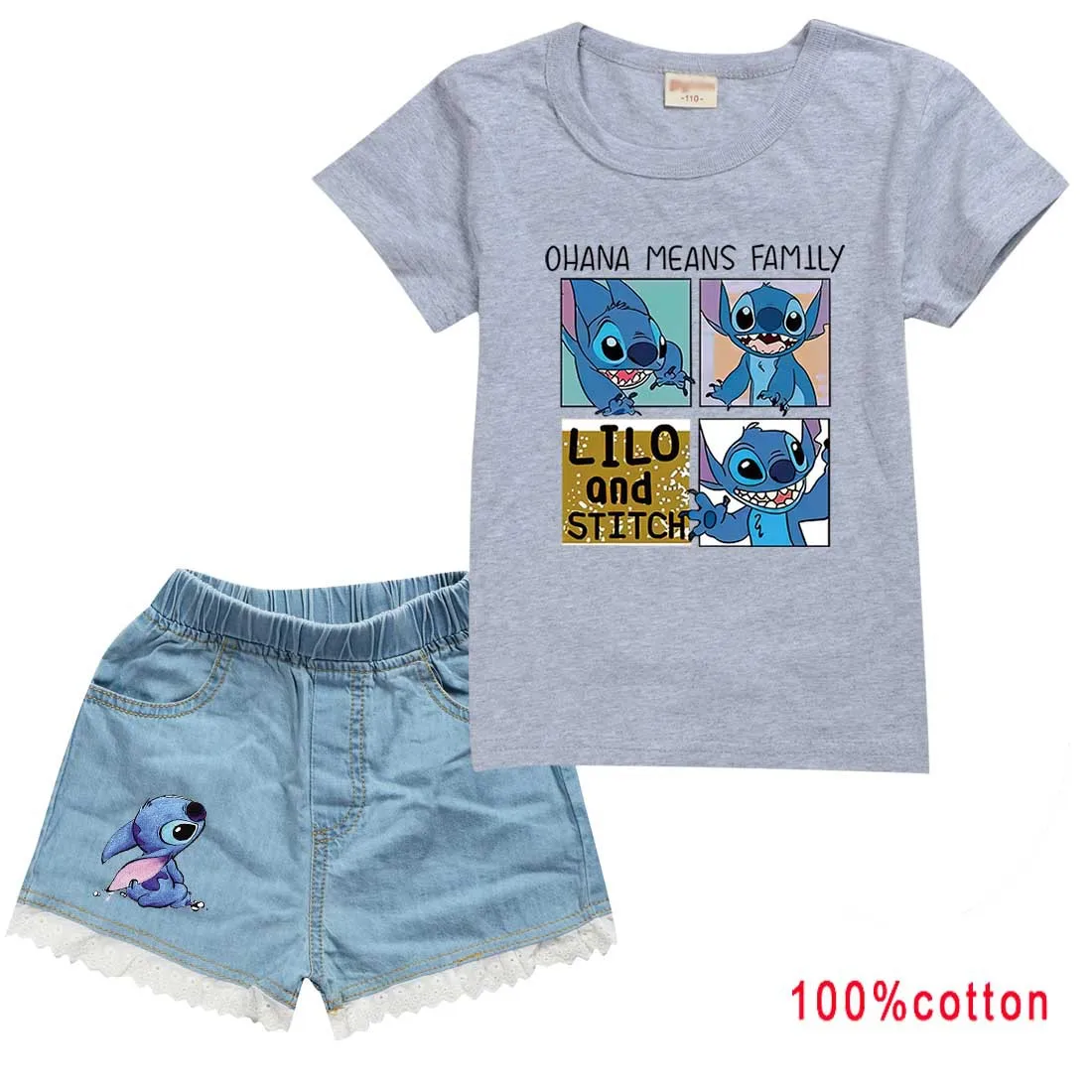 Disney Stitch T-shirt Copii T-shirt+Denim pantaloni Scurți Set Băieți și Fete T-shirt din Bumbac 100% de Vara pentru Copii cu Maneci Scurte Set - 4