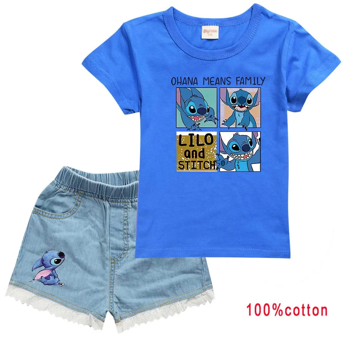 Disney Stitch T-shirt Copii T-shirt+Denim pantaloni Scurți Set Băieți și Fete T-shirt din Bumbac 100% de Vara pentru Copii cu Maneci Scurte Set - 5