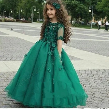 Drăguț Verde Smarald Concurs Printesa Rochii Fete Cu Flori Rochie De Minge Baby Fete Ziua De Naștere Petrecere De Nunta Rochii Costume Personalizate