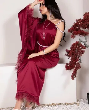 Elegante Lungi Visiniu Rochie De Seara Din Satin, Cu Pene Teaca Musulman Cutat Etaj Lungime Robe De Mariée Partid Rochie Pentru Femei
