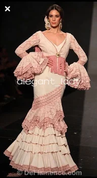 Fairy Maneca Lunga Flamenco de Bal Rochii de Ocazie Roz Fildeș Volane din Dantela Fusta Abiye gece elbisesi mermaid rochie de seara