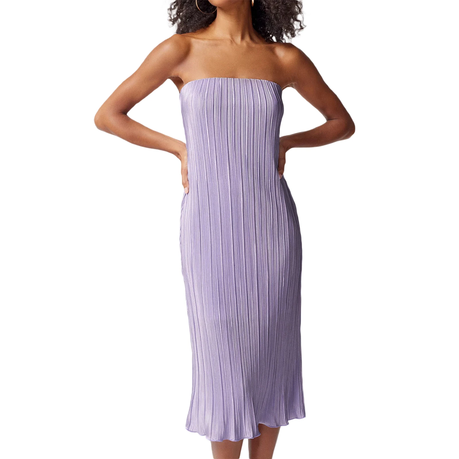 Femei Top Dress Strapless Fără Mâneci Culoare Solidă Cutat Rochie De Vară Pe Plajă - 4