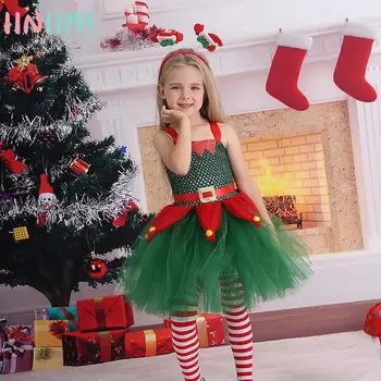 Fetele de Crăciun Petrecere cu Tema Elf Zână Cosplay de Performanță Costum fără Mâneci Xmas Dress cu Ciorapi Moș Crăciun Cerc Păr