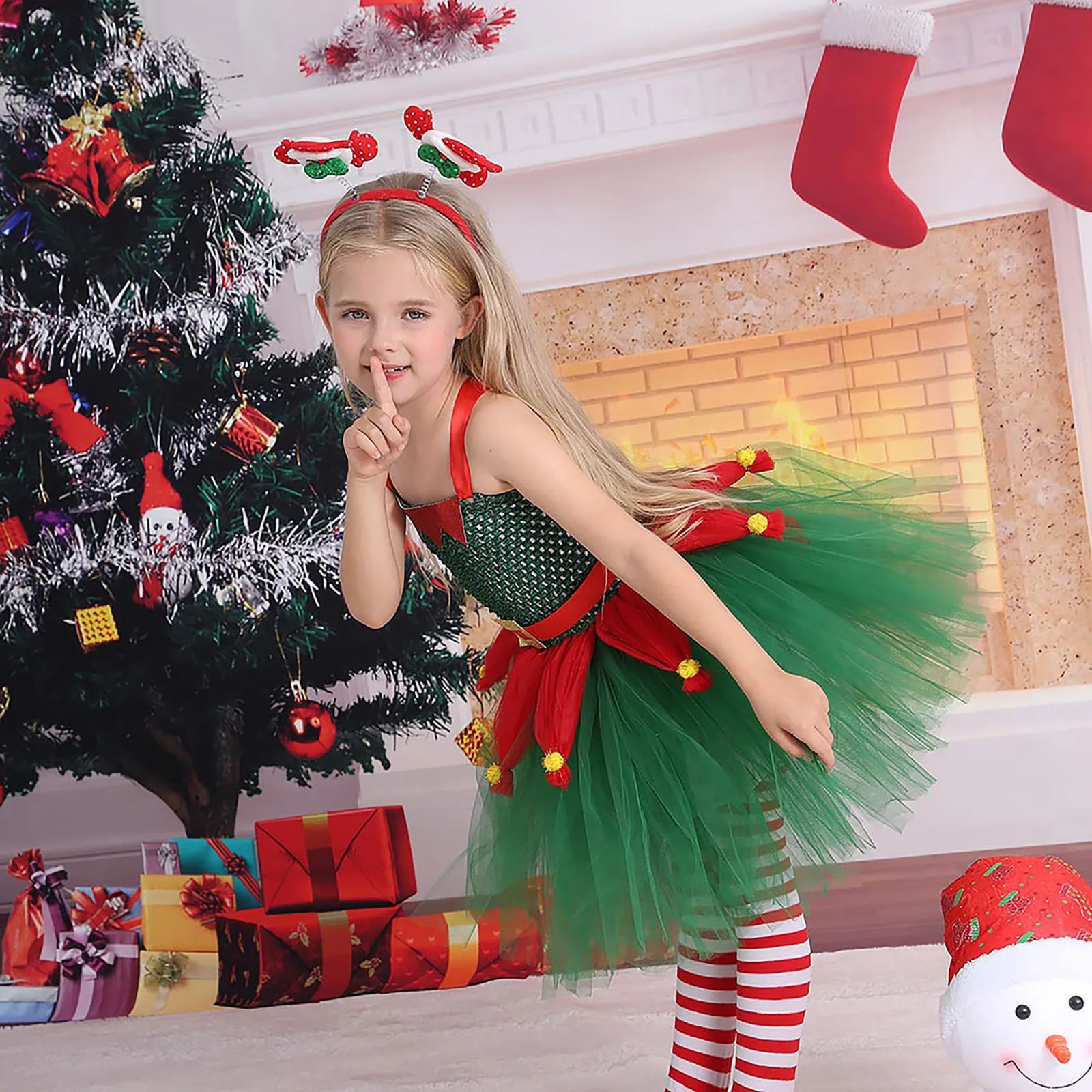 Fetele de Crăciun Petrecere cu Tema Elf Zână Cosplay de Performanță Costum fără Mâneci Xmas Dress cu Ciorapi Moș Crăciun Cerc Păr - 1