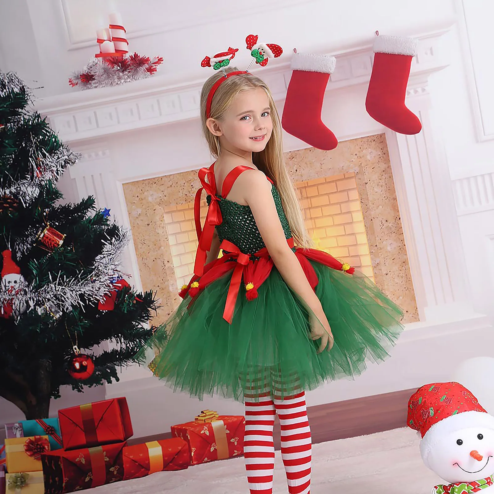 Fetele de Crăciun Petrecere cu Tema Elf Zână Cosplay de Performanță Costum fără Mâneci Xmas Dress cu Ciorapi Moș Crăciun Cerc Păr - 2