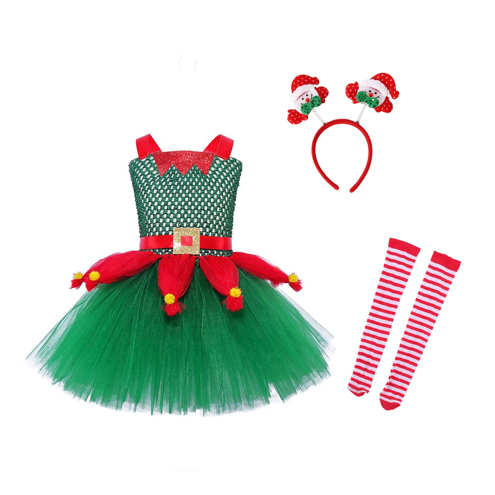 Fetele de Crăciun Petrecere cu Tema Elf Zână Cosplay de Performanță Costum fără Mâneci Xmas Dress cu Ciorapi Moș Crăciun Cerc Păr - 3
