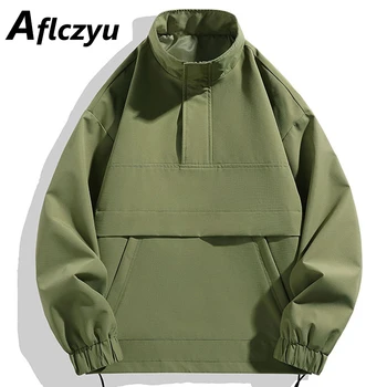 Half Zip Jacheta Barbati Culoare Solidă Protecție Împotriva Vântului De Marfă Haină De Moda Casual, Camping Bărbat Sacou Vintage Liber Palton Negru Verde