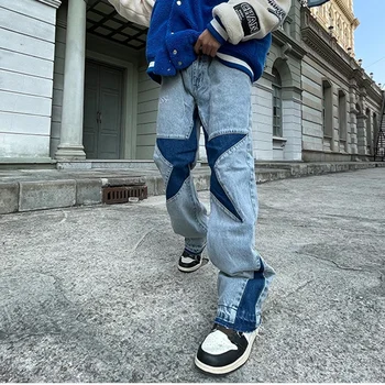 Harajuku Stele Scrisoare Broderie de Îmbinare conductă Dreaptă Flare Jeans Pantaloni Retro Split Mari Casual Pantaloni din Denim de Moda pentru Bărbați