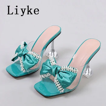 Liyke PVC Transparent Papuci Pentru Femei 2024 Moda Pearl Fluture Nod Vara Sandale Clar Tocuri Mari Dimensiuni 46 Pantofi Lady