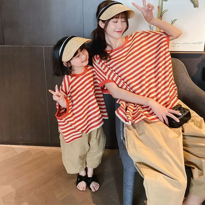 Mama și Fiica Seturi de Îmbrăcăminte coreeană Mama Copilul Fete de Costume de Vara pentru Femei Haine Copii cu Dungi Două Piese de Costume - 5
