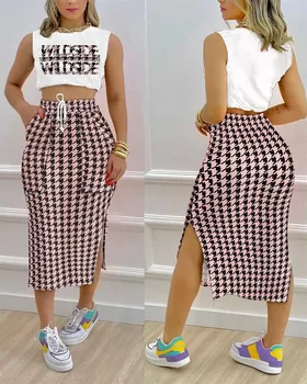 Moda Femei 2-bucata Set pentru Femei Primavara/Vara de Mii de Pasăre Checker Imprimat cu Maneci Scurte Rotund Gat Scurt Top Split Fusta