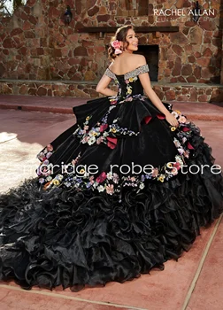 Negru de Catifea, Organza Rochii Quinceanera cu Margele de Pe Umăr Broderii Florale Gotic vestido 15 quinceañeras estilo princesa
