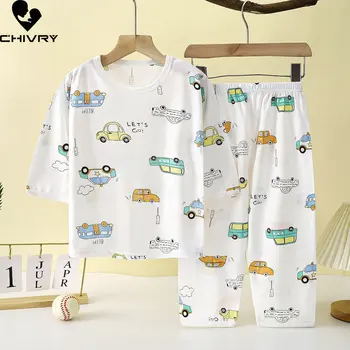 Noi 2023 Copii Băieți Fete de Vară Subțire Seturi de Pijamale Desene animate Maneca Trei sferturi O-Neck T-Shirt Topuri cu Pantaloni baietel Sleepwear