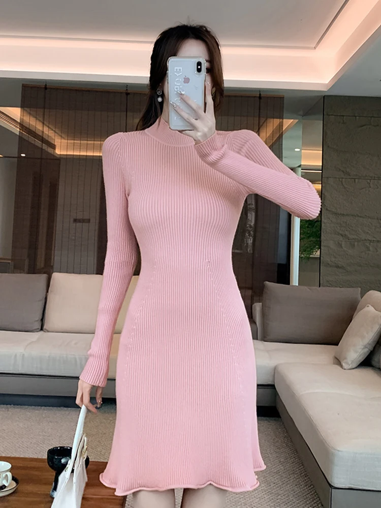 Noua Moda Solid Tricotate Rochie Scurta Femei Doamnelor Pulover Interior-Meci Simplu O-Gât Skinny Mini Mujer Vestidos Haine De Stradă - 1