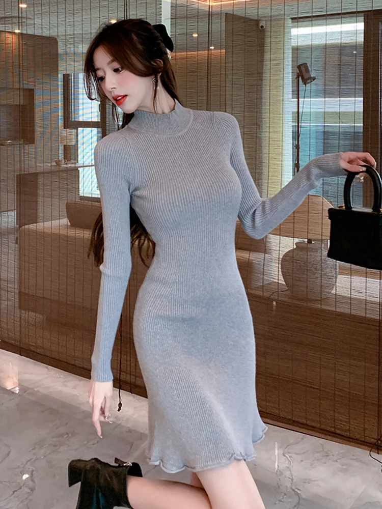 Noua Moda Solid Tricotate Rochie Scurta Femei Doamnelor Pulover Interior-Meci Simplu O-Gât Skinny Mini Mujer Vestidos Haine De Stradă - 2