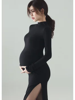 Noul Negru Sexy Rochii De Maternitate Recuzită Fotografie Split Partea Lungi Haine De Sarcina Sedinta Foto Pentru Femeile Gravide Rochie