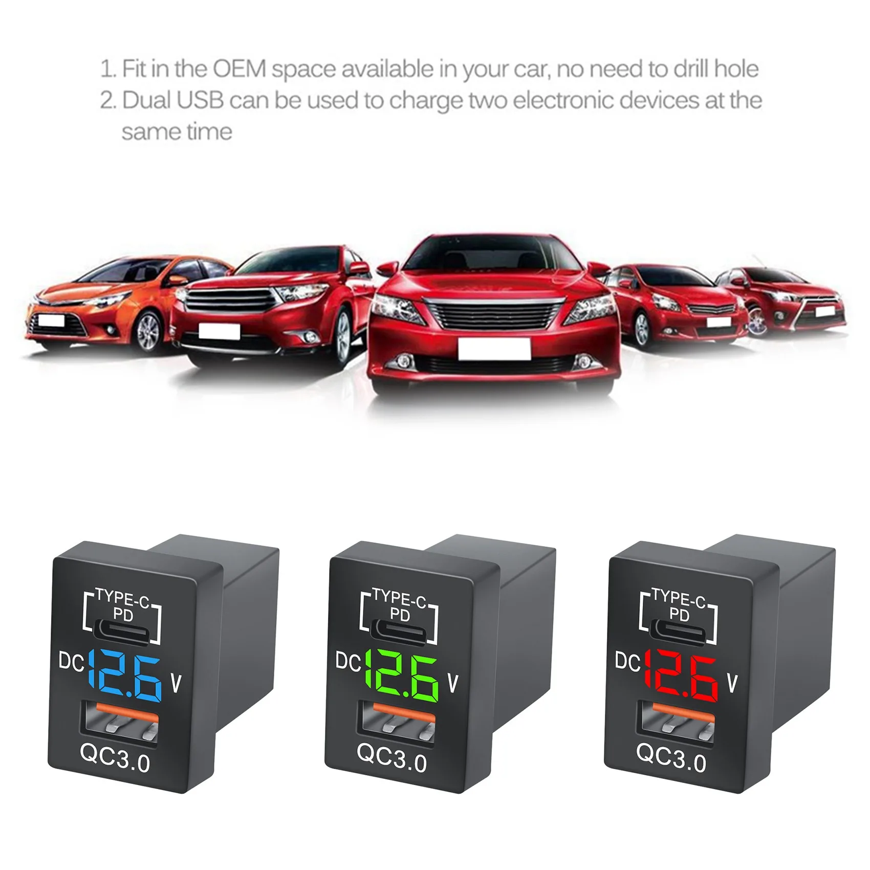 Noul Incarcator QC3.0 USB Masina Încărcător Priză PD-C Tip Încărcător cu LED Verde Voltmetru Digital pentru Noua Toyota Încărcare Rapidă - 0