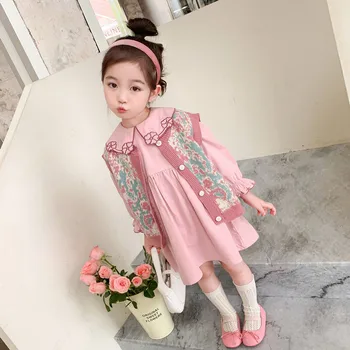 Primăvara și Toamna pentru Copii Nou Stil coreean Fete 2023 Flori Tricotate de Sus cu Mare Polo Guler Rochie de Printesa Set