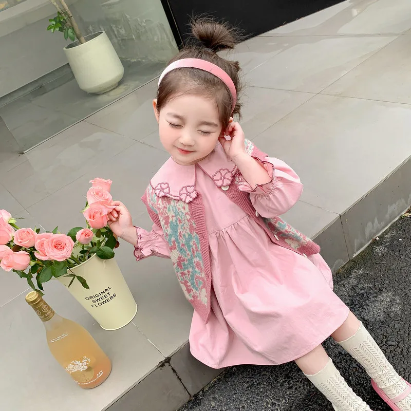Primăvara și Toamna pentru Copii Nou Stil coreean Fete 2023 Flori Tricotate de Sus cu Mare Polo Guler Rochie de Printesa Set - 1