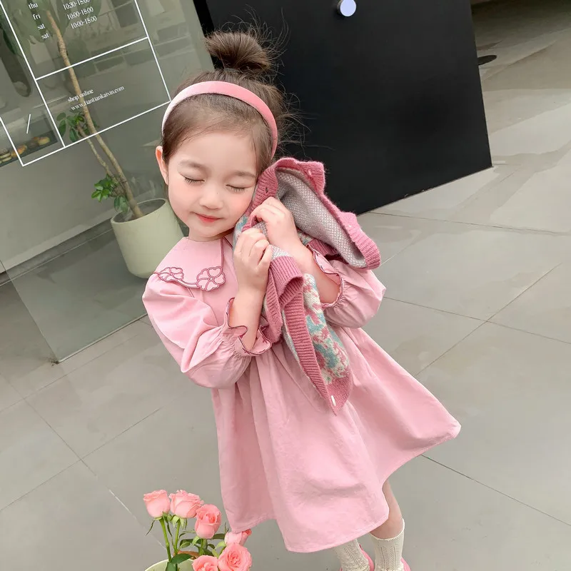 Primăvara și Toamna pentru Copii Nou Stil coreean Fete 2023 Flori Tricotate de Sus cu Mare Polo Guler Rochie de Printesa Set - 2