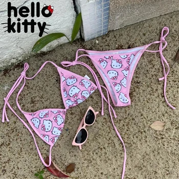 Sanrio Hello Kitty Bikini Set Kawaii Femei De Vara Costume De Baie Două Piese Costum De Baie Drăguț Sexy Brazilian Bikini De Costume De Baie Cadouri