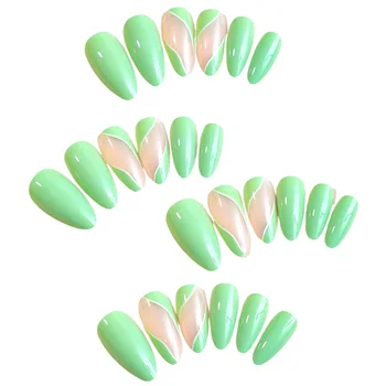 Sfaturi verzi Migdale Unghii False Mediu Apăsați Elegant pe Unghii pentru Deget Decor Acasă Unghii DIY