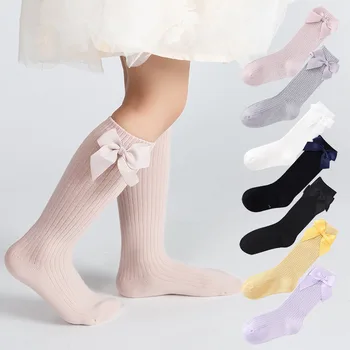Solid de Culoare Șosete Fete cu Arcul pentru Copii Toddler Ciorap de Bumbac Moale Lung Șosete Copii Printesa Genunchi Ridicat Socken pentru Copii 1-12 Ani