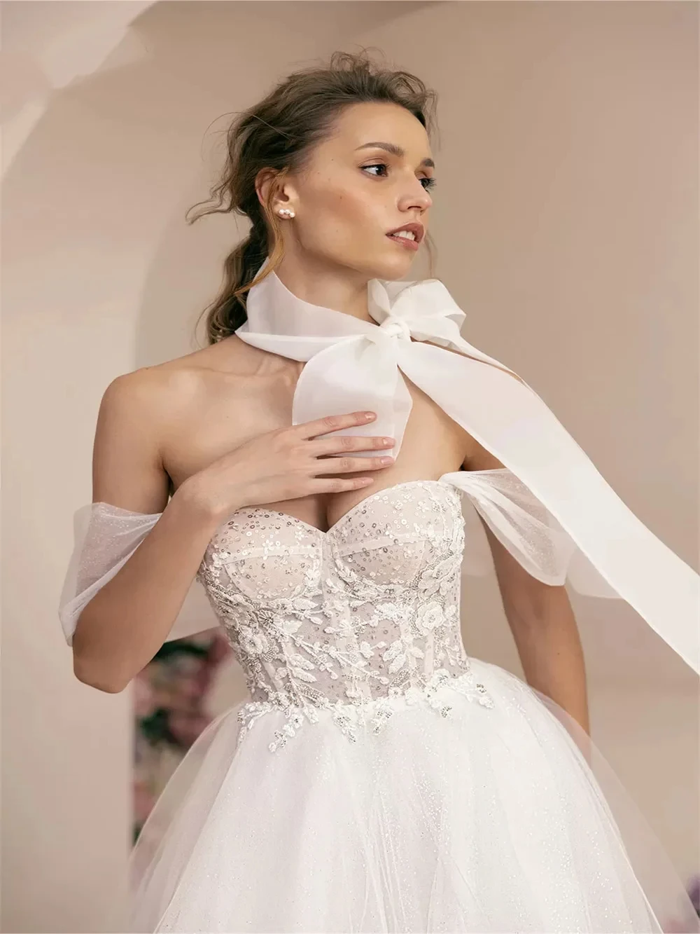 Spumant elegant off-the-umăr rochie Dragă guler a-line rochie de mireasa Romantica de lux rochie de mireasa Vestidos de novia - 1