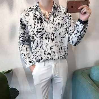 Tendința De Sex Masculin Club Leopard De Imprimare Tricouri Pentru Bărbați De Înaltă Calitate, Camasa Cu Maneca Lunga Sociale Om Petrecere Casual Topuri Combinezon Homme A135