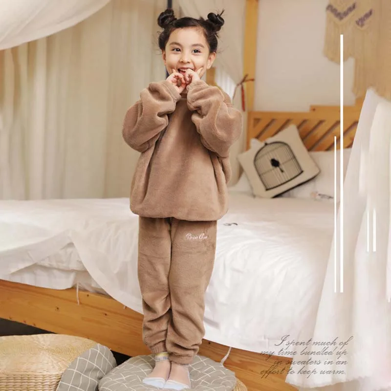Toamna Iarna Copii Pijama Set Waem Gros Băieți Fete De Pluș Haine Solid Coral Catifea Pentru Copii Homewear Pijamale, Costume - 3