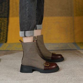 Toamna și iarna Femei glezna cizme piele naturala de 22-25CM piele de vacă/Houndstooth tesatura Chelsea cizme fermoar Lateral cataramă pantofi femei