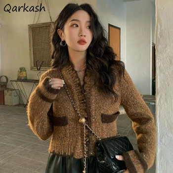 V Gât Cardigan Femei Vintage Design Toamnă Caldă Tricotat Trendy Stil Coreean De Agrement Elegant Solid Simplu Birou Doamnelor Moale