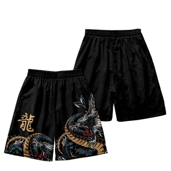 Vara Streetwear Pantaloni Scurți De Plajă Casual Chineză Dragon Print Bărbați Femei Elastic Talie Pantaloni Scurți Negru Supradimensionat