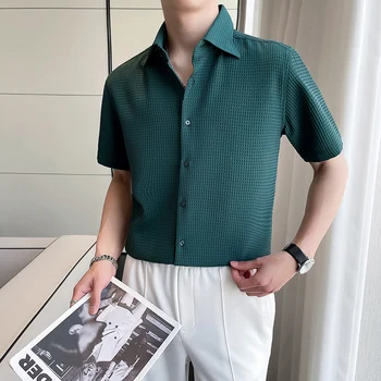 Vara Vafe cu Mânecă Scurtă Tricou Bărbați ' s Fashion Casual Culoare Solidă Rever frumos Tricou Barbat coreean Afaceri Sociale Rochie Bluza