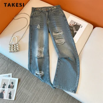 Vintage cu Talie Înaltă High Street Style Albastru Blugi Drepte Pantaloni de Moda coreeană Femei Rupt Largi Picior Umflat Y2K Denim Pantaloni